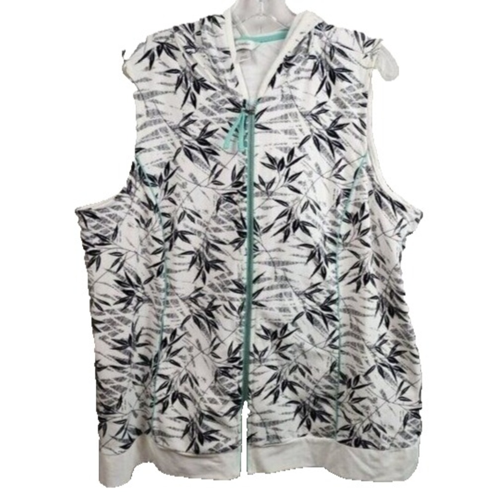 CJ Banks Womens Sleeveless Hoodie Plus Size 1X Black White Leaf Print Full Zip